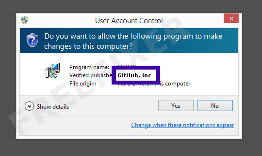 Screenshot where GitHub, Inc appears as the verified publisher in the UAC dialog